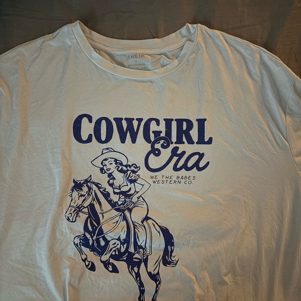 SHEIN White and Blue Cowgirl Graphic Tee